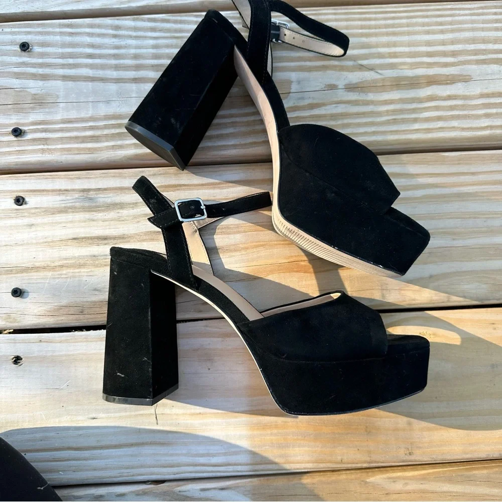 ​Antonio Melani Black Suede Platform Block Heels Ankle Strap Sandals Size 10